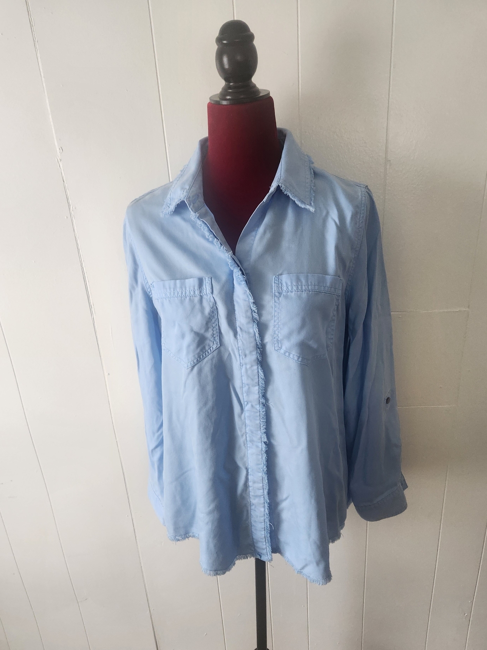 Chico's Light Blue Button-Down Shirt With Fringe. Size 1 Medium